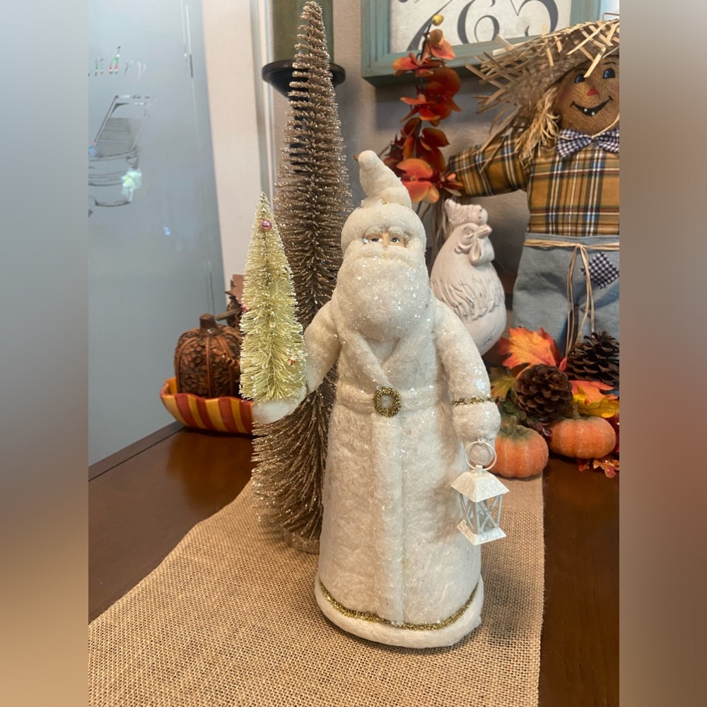 White Sparky Santa with Tall Gold Tree